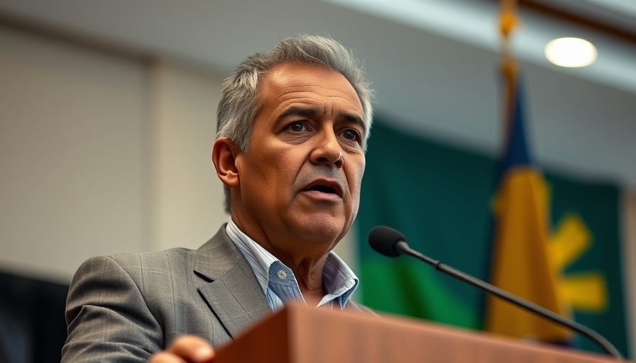 Middle-aged man discussing Seychelles presidential vote results at podium.