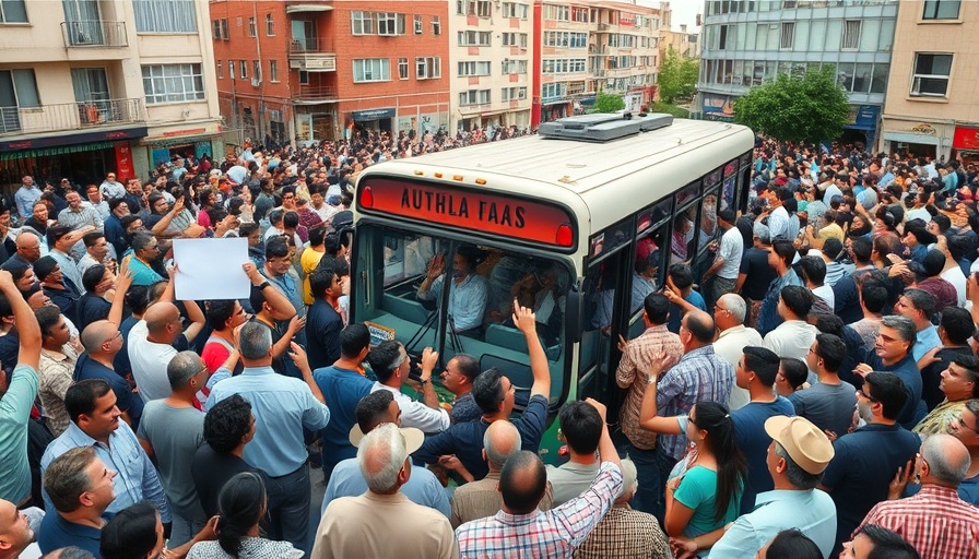 Crowd around a bus, lively urban scene with buildings in the background.