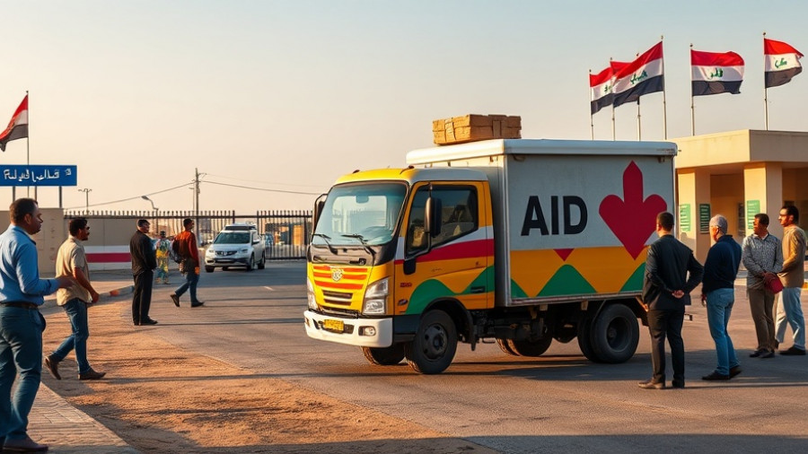 Aid trucks at Rafah crossing to Gaza with workers observing.