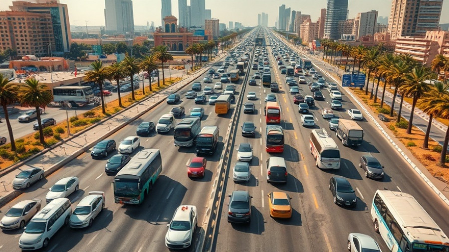 Aerial view of Egypt's busy highway depicting fuel price hike impact, 2025 traffic.