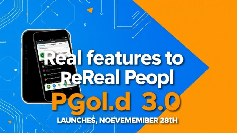 Pgold 3.0 launch announcement with app interface on blue background.
