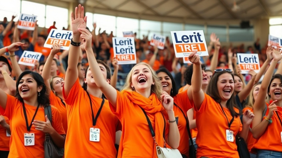 Ivory Coast elections youth mobilization: enthusiastic young supporters cheering in a stadium, holding placards.
