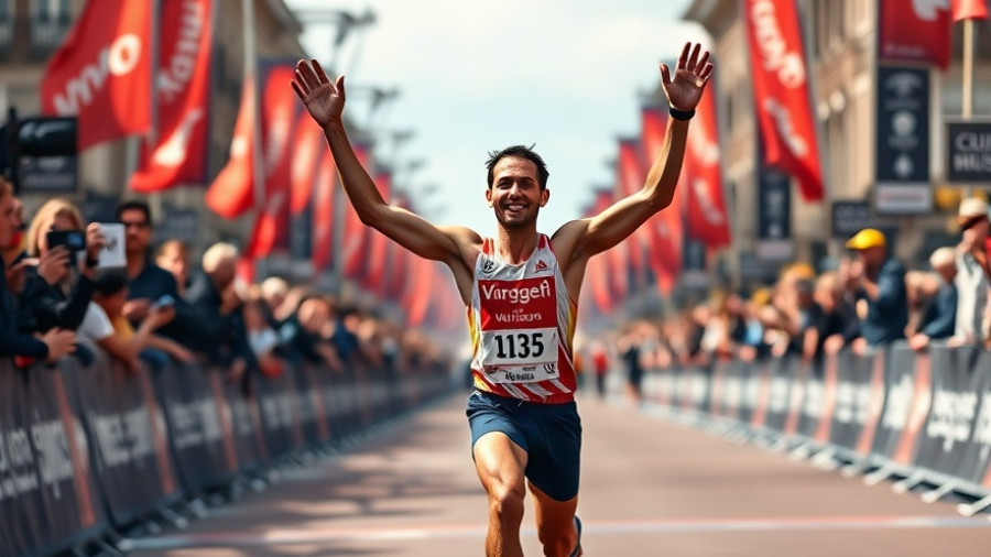 Joffrey Toroitich crosses finish line at Amsterdam Marathon.
