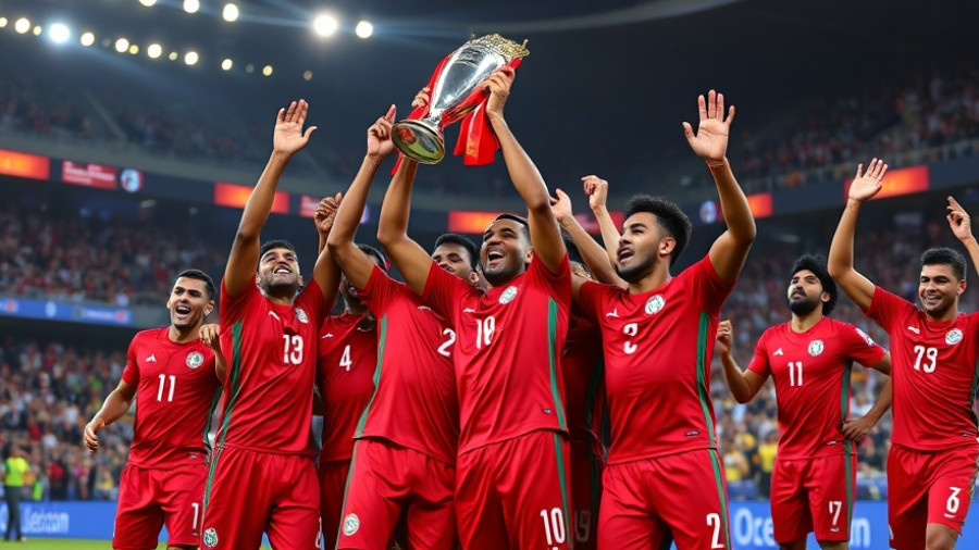 Moroccan U20 team celebrating World Cup victory, holding trophy aloft.