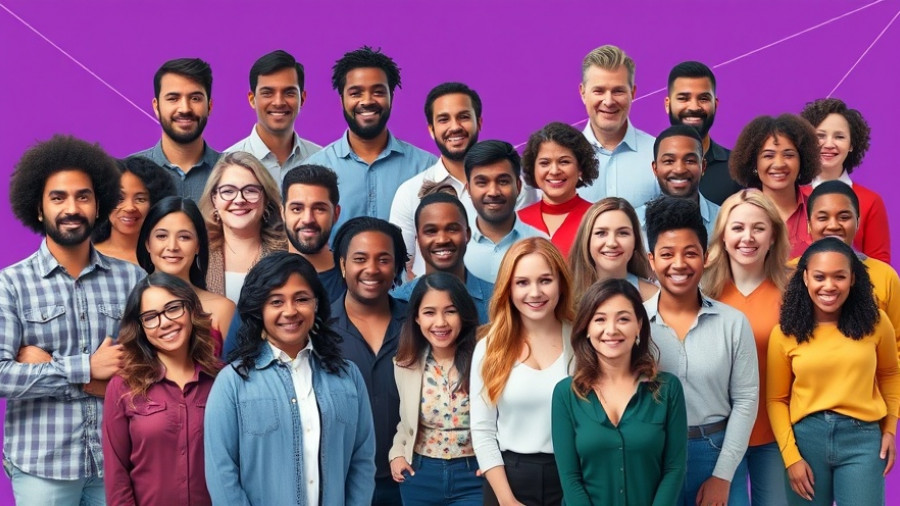 Diverse professionals in tech collaboration, purple geometric background.