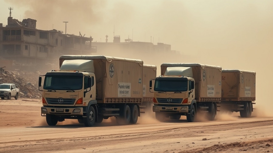 Humanitarian aid trucks in war-torn Gaza landscape.