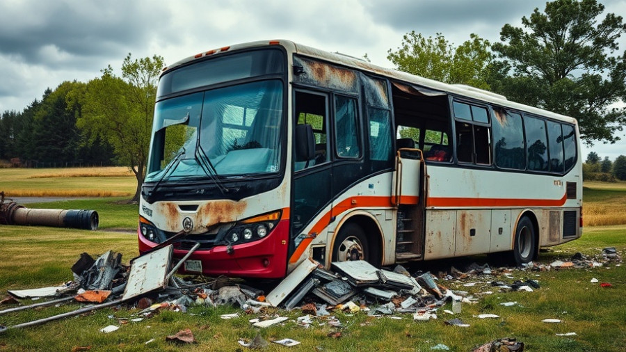Severely damaged bus in Uganda collision on a grassy roadside.