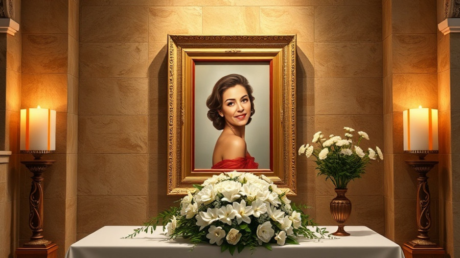 Celia Cruz legacy showcased in an elegant memorial setting with portrait and flowers.