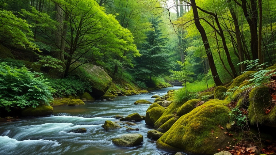 Lush forest with stream illustrating global deforestation rates decline.