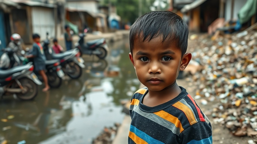 Colorful shirt child near polluted waterway in urban area.