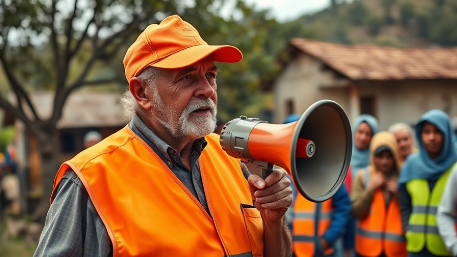 Man demonstrates early warning systems in Africa, using a megaphone in a village.