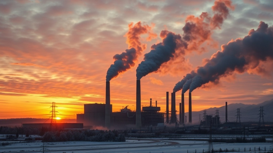 Industrial factory emitting smoke during sunset, climate threat.