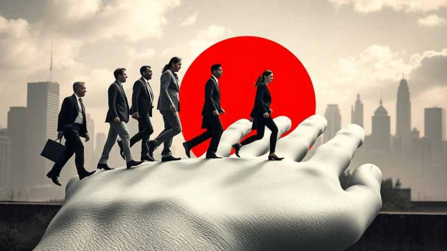 Businessfront Layoffs depicted with professionals walking on a giant hand.