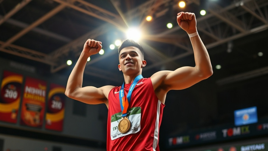 Victorious athlete holding medal on stage with sponsor backdrop.