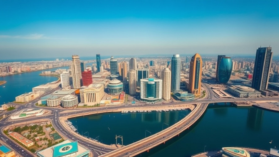 Aerial view of Lagos skyscrapers and lagoon reflecting cityscape.