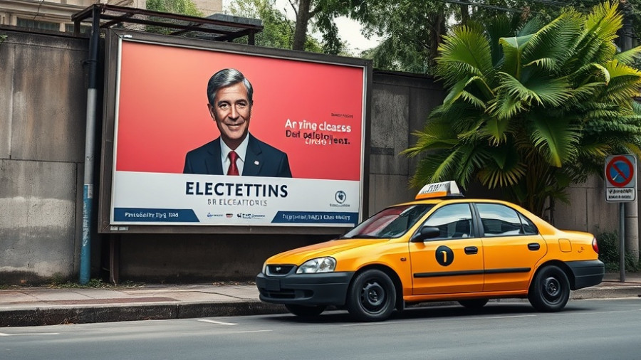 Ivory Coast elections billboard with taxi in urban setting
