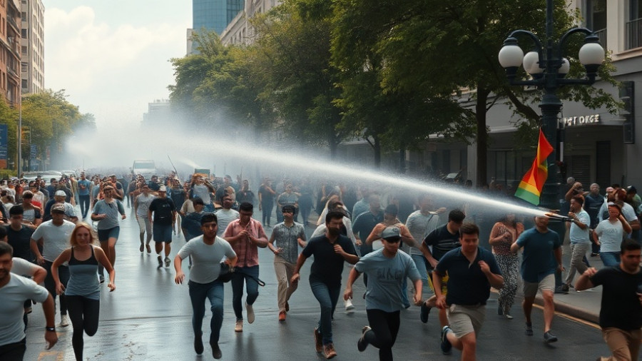 Protesters in Cameroon facing water cannons, post-election tensions evident.