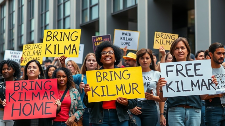Protesters hold signs supporting Kilmar, advocating for his return.