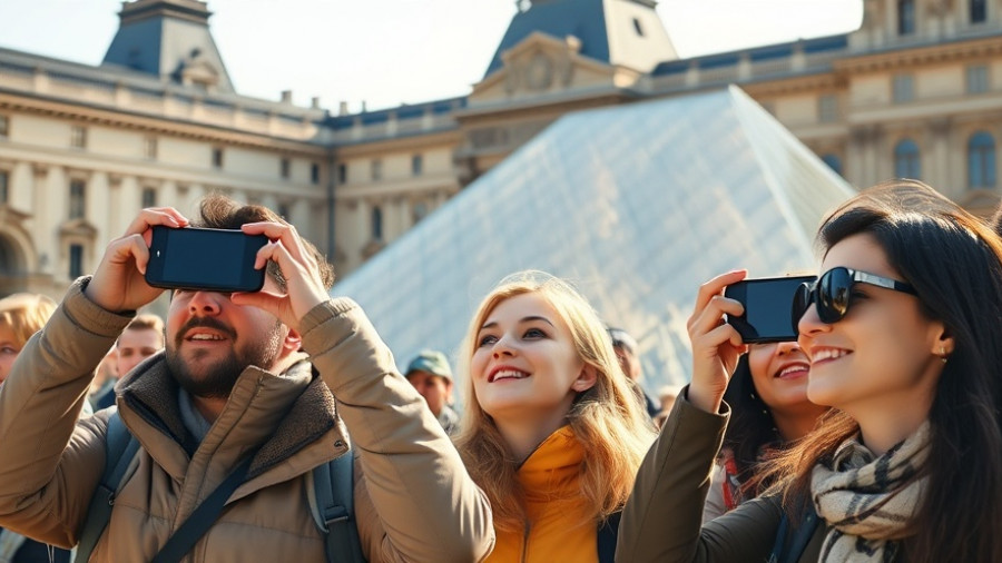 Tourists photographing the Louvre Museum, daylight scene.