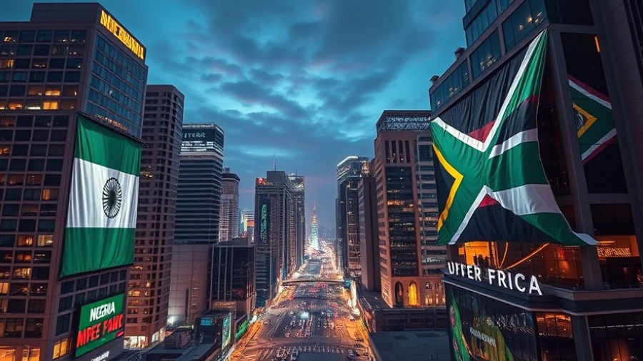Vibrant cityscape with Nigerian and South African flags representing Fintech Africa