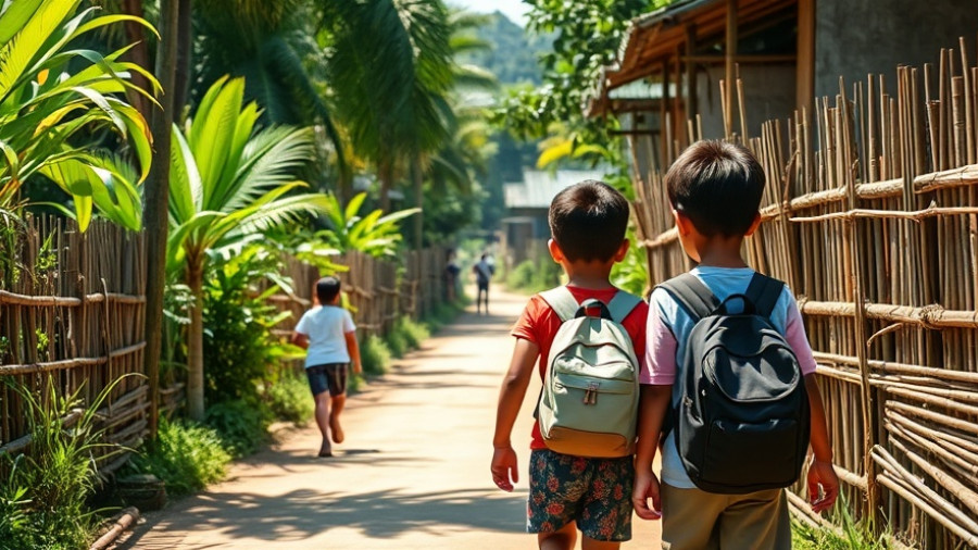 Children walking in a rural Southeast Asian village, climate action theme