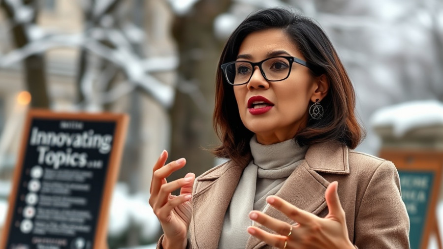 Confident woman discussing AI in Africa, snowy background.