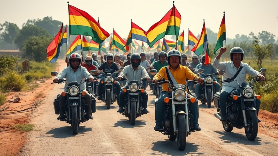 Motorcyclists advocate peace in Tanzania election with flags waving.