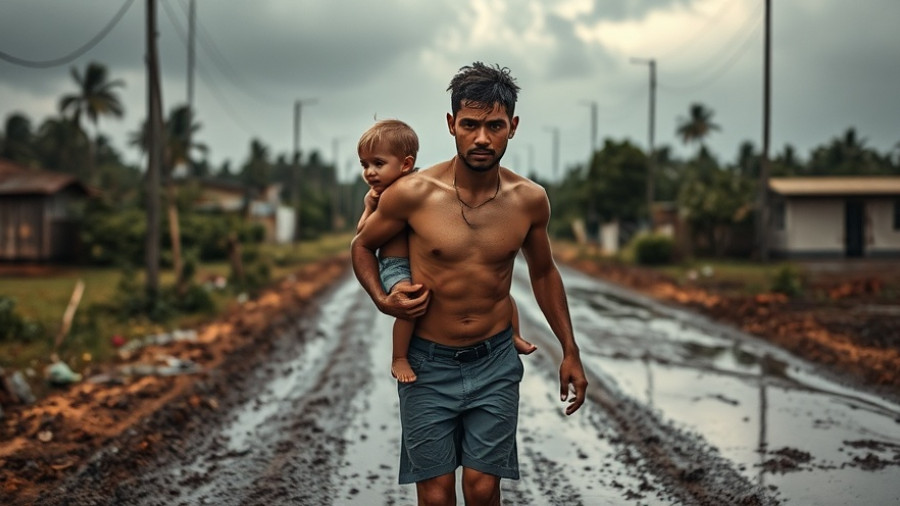 Man carrying child on muddy road after Hurricane Melissa