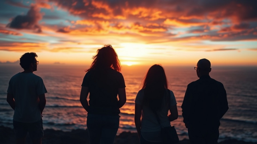 Silhouette of four people at sunset over ocean.
