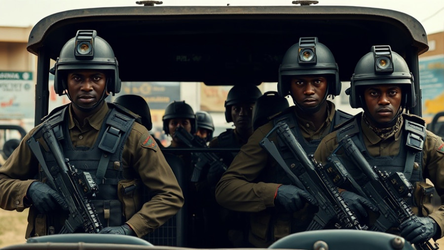 Heavily guarded troops during Tanzania election protests in urban setting.