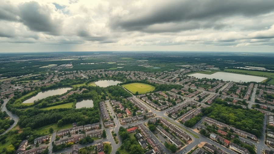 Aerial view of human-centered urban design with residential areas and green spaces.