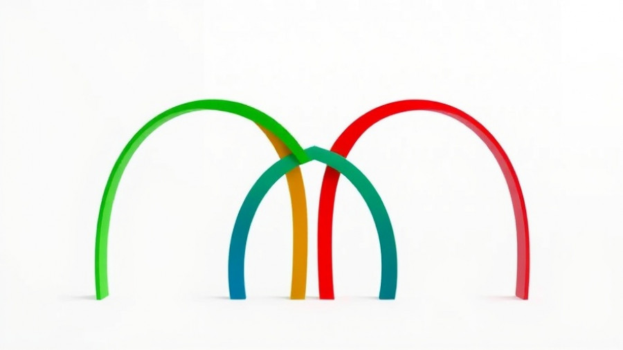Abstract colorful arches symbolizing Uganda infrastructure and healthcare initiatives.