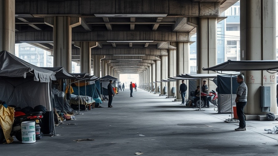 Makeshift shelters under urban bridge highlighting Italy labor shortage.
