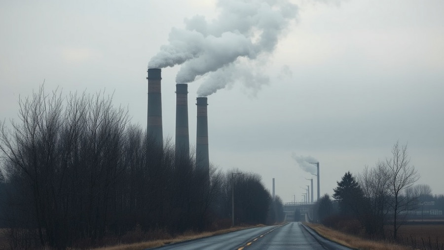 Moody scene of smokestacks surrounded by barren trees highlighting insufficient global action on climate change.