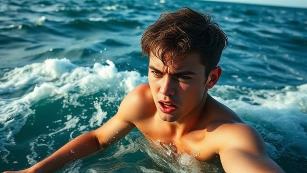 Sea rescue mission in rough waters, urgent and lifelike.