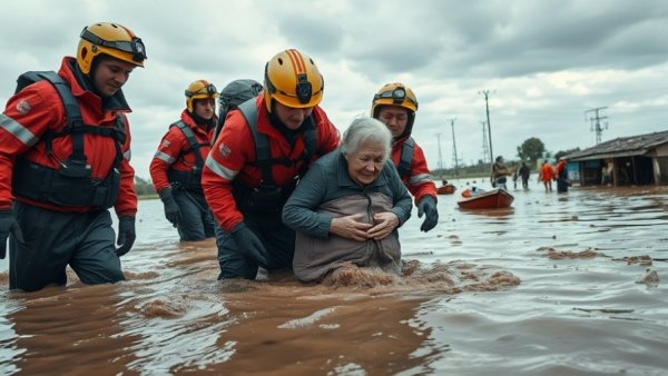 Rescue workers help elderly woman during Typhoon Kalmaegi effects.