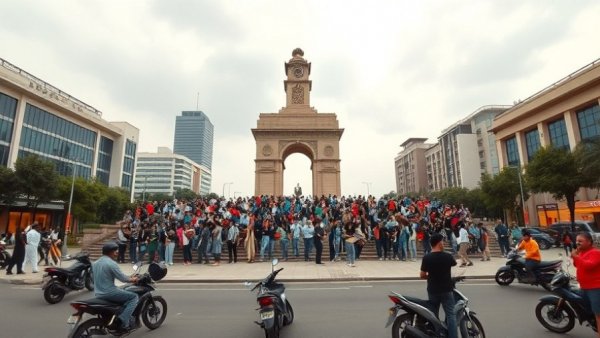 Monument with crowd in urban Mali setting, symbolizing security crisis.