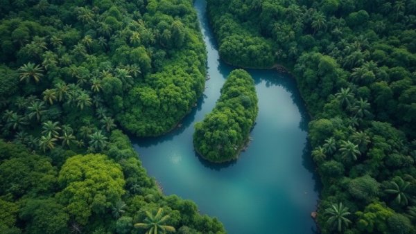 Aerial view of lush tropical forest with winding river.