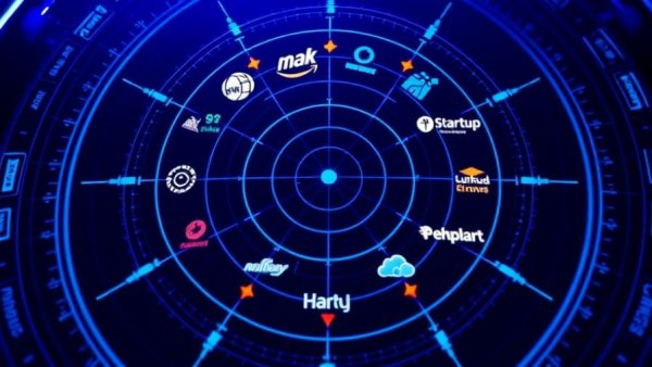 Digital radar with African startup logos on a blue screen.