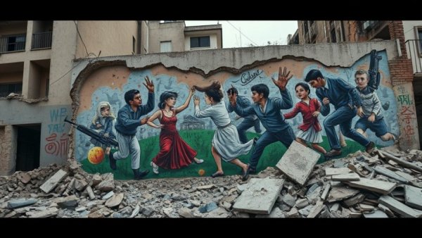 Street art on a crumbling wall amidst rubble, symbolizing rebuilding in Syria.