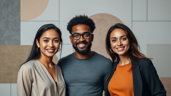 Three professionals in recruitment context, modern abstract design