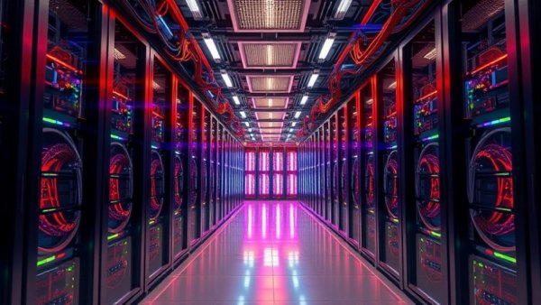 Modern data center in Lagos with server racks and vibrant lighting.