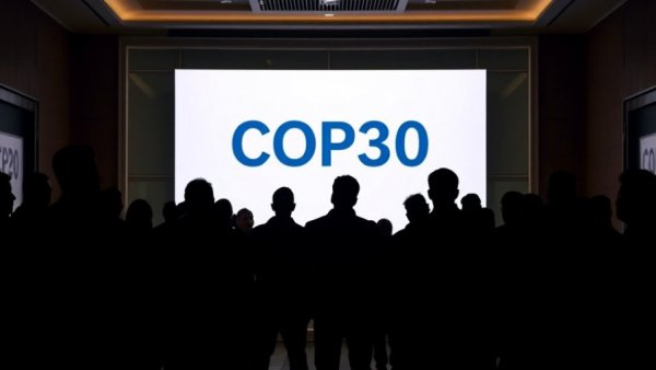Silhouettes at COP30 welcome sign, highlighting climate progress.
