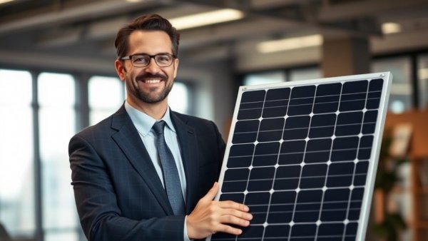 Professional man holding a solar panel in an office, related to lithium clean energy.
