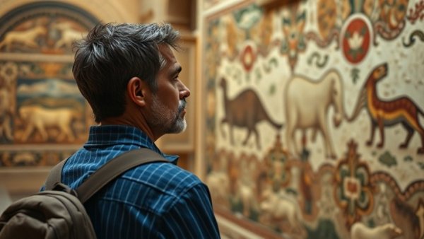 Visitor observes ancient mosaics in museum amid statue theft news.