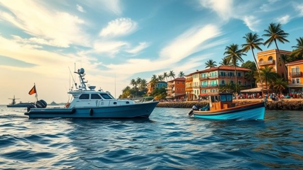 Patrol and migrant boats near coastal town in Africa migrant crisis.