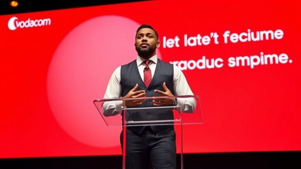 Business presentation at Vodacom event, man at podium.
