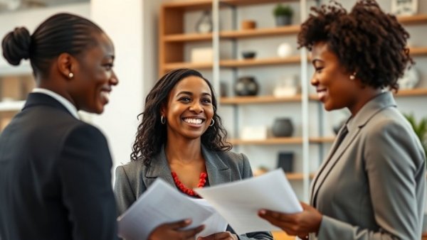 Nigerian woman discussing earnings report with colleague in UK office