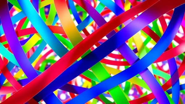 Abstract logo with colorful intersecting ribbons.