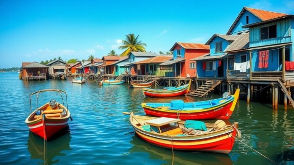 Colorful waterfront village with boats and stilt houses reflecting on serene waters, portraying global news affecting Africa.
